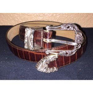 Brighton Vintage Womens Brown Mock Croc Ornate Silver Hardware Buckle Belt Sz M